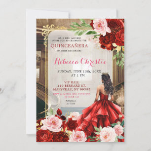 Invitation Blush rose brillant Rouge Floral Quinceañera