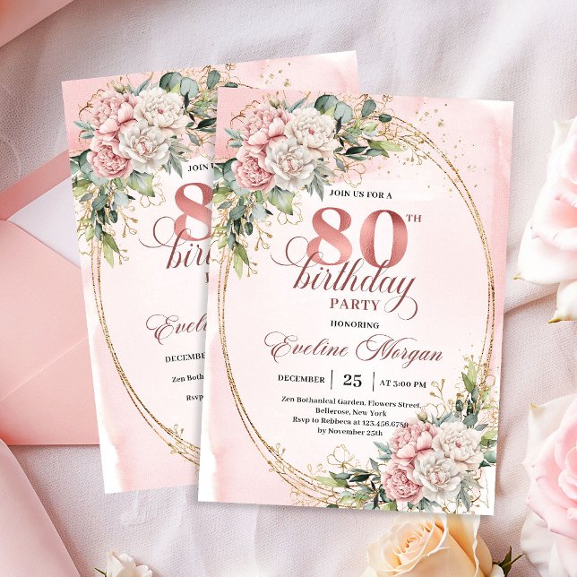 Invitation Blush Rose Chic Floral Doré Pailleté 80e Anniversa (Chic Blush Pink Floral Gold Glitter 80th Invitation)