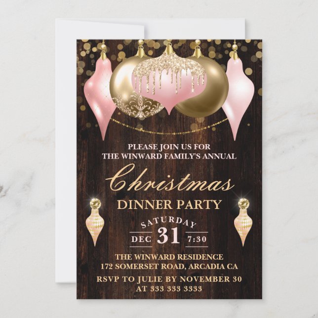Invitation Blush Rose et Baies Dorées Soirée de Noël (Devant)
