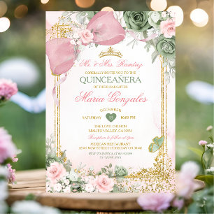Invitation Blush Rose et Fleurs Vert Sauge Quinceañera