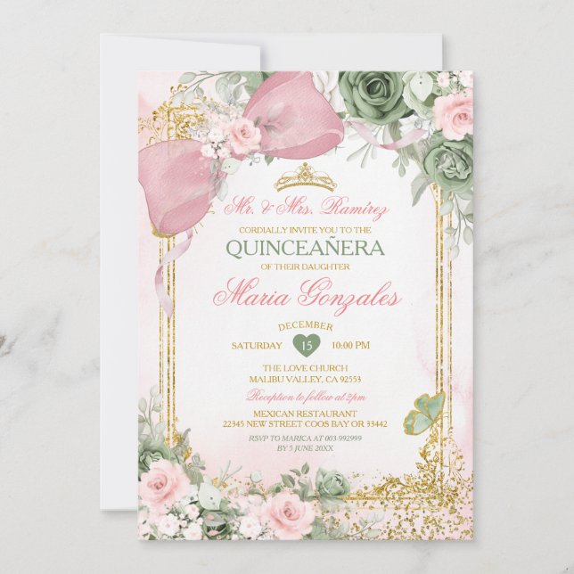 Invitation Blush Rose et Fleurs Vert Sauge Quinceañera (Devant)