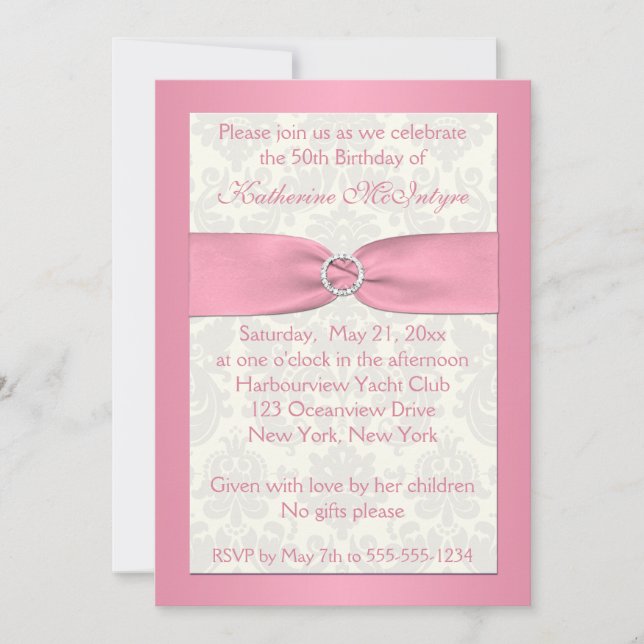 Invitation Blush rose et ivoire Damask 50e anniversaire Invit (Devant)