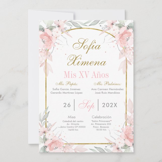 Invitation Blush Rose et Or Arch Quinceañera (Devant)