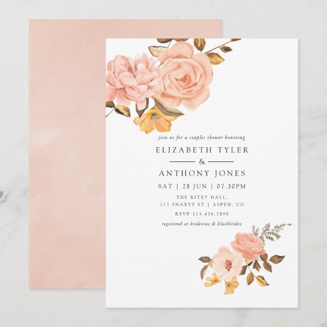 Invitation Blush Rose et Or Fleurs Mariage Couple (Devant / Derrière)