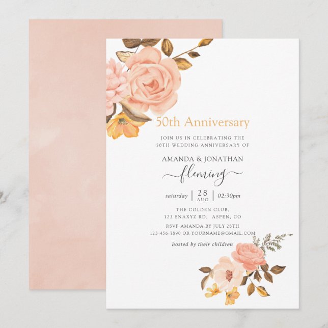 Invitation Blush Rose et Or Floral 50e Anniversaire de Mariag (Devant / Derrière)
