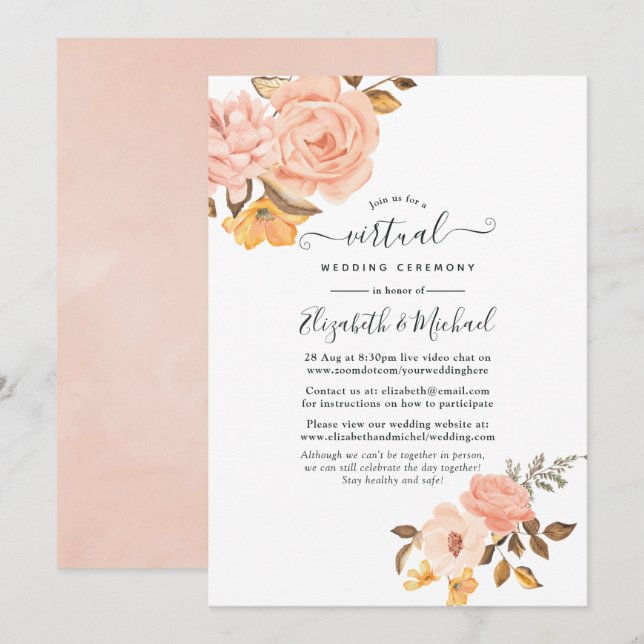 Invitation Blush rose et or Floral Mariage virtuel en ligne (Devant / Derrière)