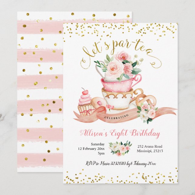 Invitation Blush rose et or Let's Par-Tea Girl Anniversaire I (Devant / Derrière)