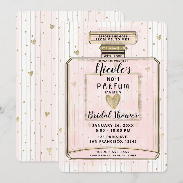 Invitation Blush Rose et Or Paris Parfum Baby Shower (Devant / Derrière)