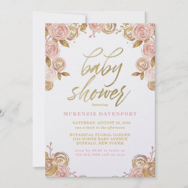 Invitation Blush rose et or Peony Chic Girl Baby shower (Devant)