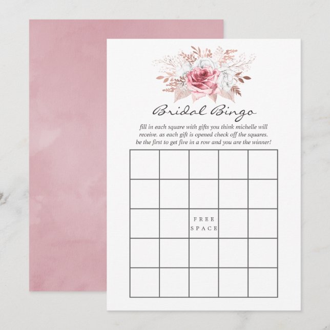 Invitation Blush rose et or Rose Floral Bingo de la nuptiale (Devant / Derrière)