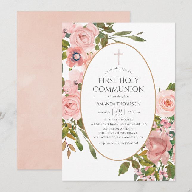 Invitation Blush rose et or rose pour la Première Communion (Devant / Derrière)