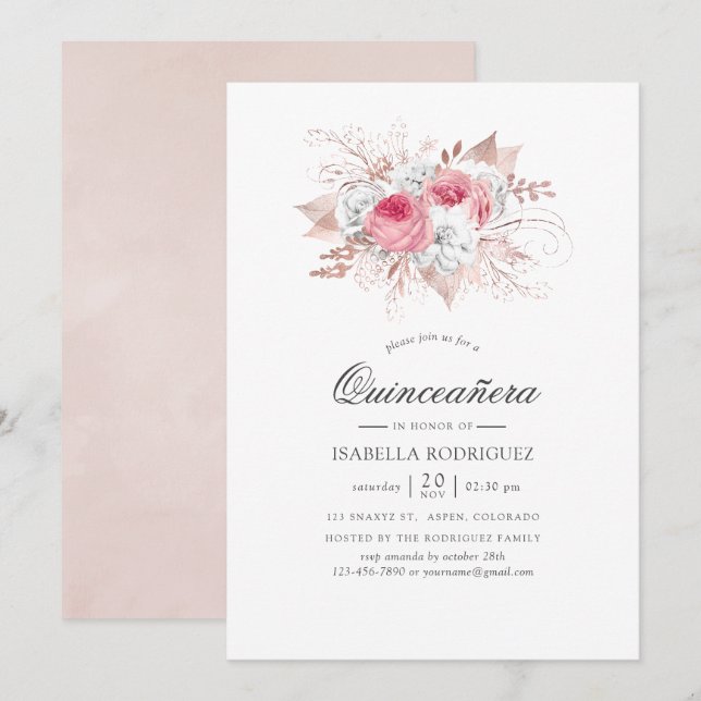 Invitation Blush rose et or Rose Quinceañera (Devant / Derrière)