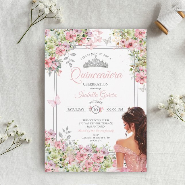 Invitation Blush Rose et Papillon Floral Vert Quinceañera (Créateur téléchargé)