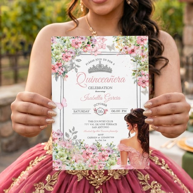 Invitation Blush Rose et Papillon Floral Vert Quinceañera (Créateur téléchargé)