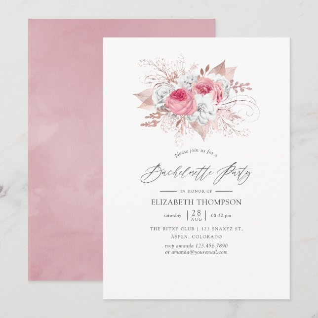 Invitation Blush rose et Rose Gold Floral Bachelorette Party (Devant / Derrière)