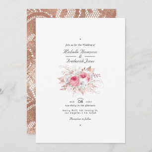 Invitation Blush rose et Rose or Floral et Mariage dentelle