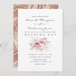 Invitation Blush rose et Rose or Floral et Mariage dentelle