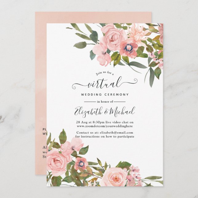 Invitation Blush rose et Rose or Floral Mariage virtuel (Devant / Derrière)