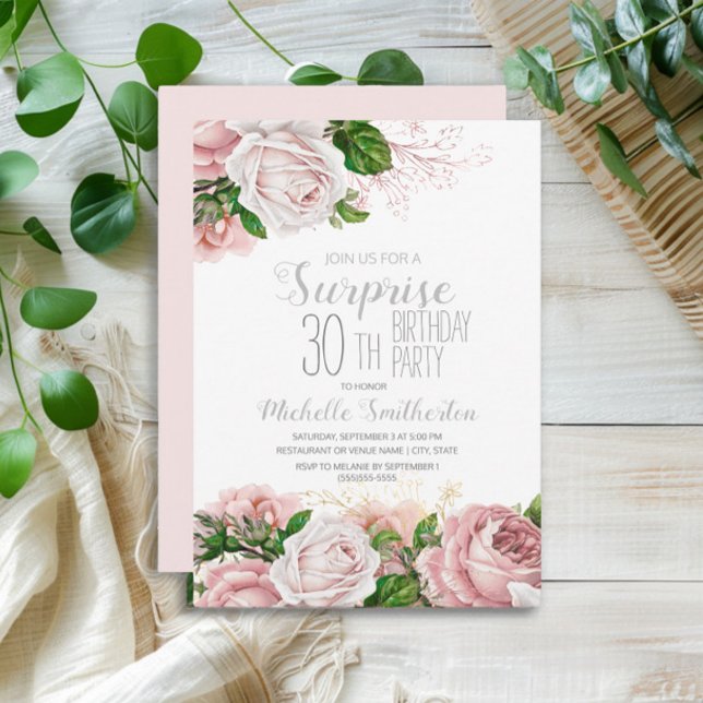 Invitation Blush Rose Fleur Surprise 30e Anniversaire (Pink vintage floral surprise 30th birthday party invitation)