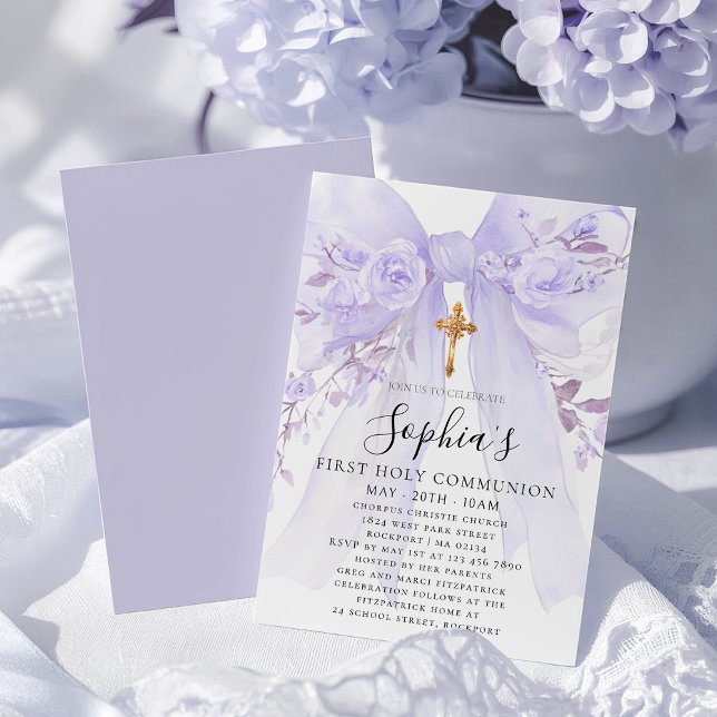 Invitation Blush Rose Fleur Violette Fille Premier Communion (Créateur téléchargé)
