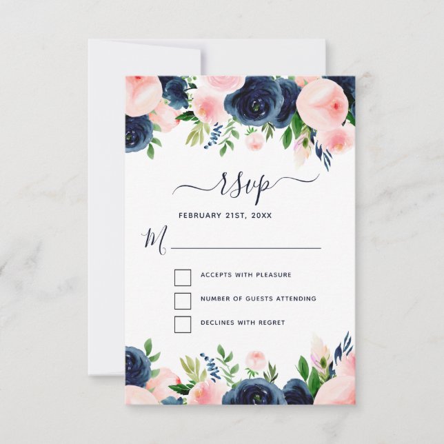 Invitation Blush Rose Fleurs Aquarelle Navy Blue RSVP (Devant)