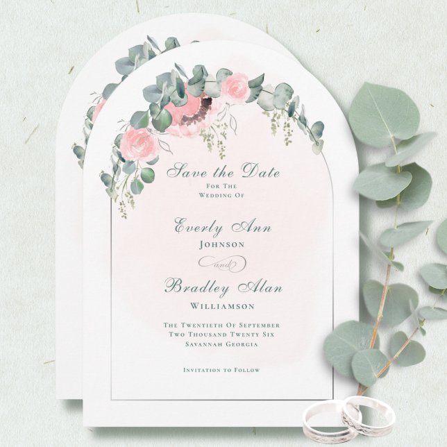 Invitation Blush Rose Fleurs en Arche Eucalyptus Enregistrez  (Créateur téléchargé)