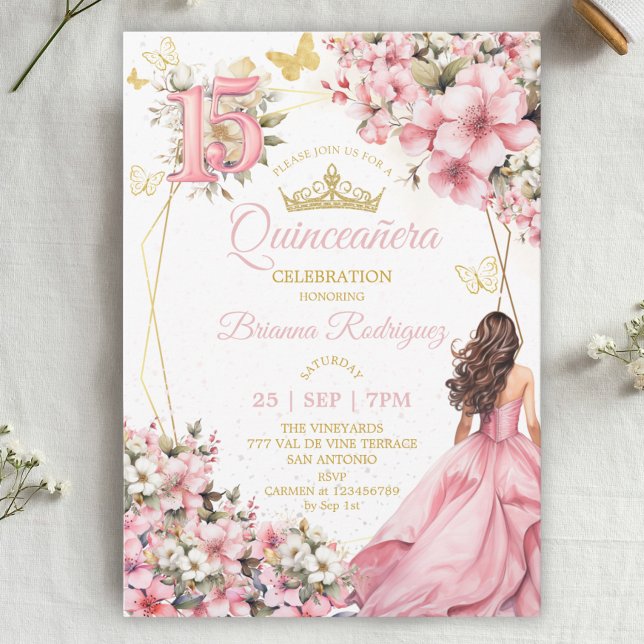 Invitation Blush Rose Fleurs Papillons Dorés Quinceañera (Créateur téléchargé)