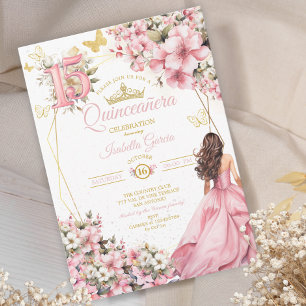 Invitation Blush Rose Fleurs Papillons Dorés Quinceañera