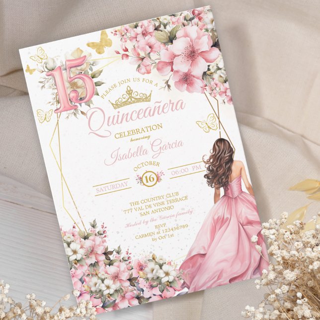 Invitation Blush Rose Fleurs Papillons Dorés Quinceañera (Créateur téléchargé)
