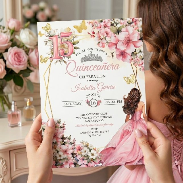 Invitation Blush Rose Fleurs Papillons Dorés Quinceañera (Créateur téléchargé)