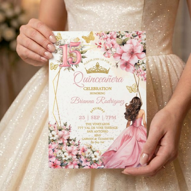 Invitation Blush Rose Fleurs Papillons Dorés Quinceañera (Créateur téléchargé)