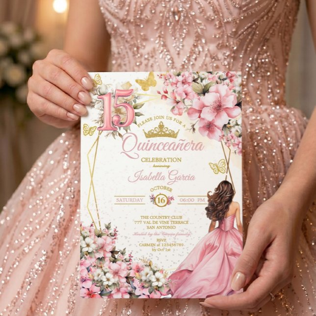 Invitation Blush Rose Fleurs Papillons Dorés Quinceañera (Créateur téléchargé)