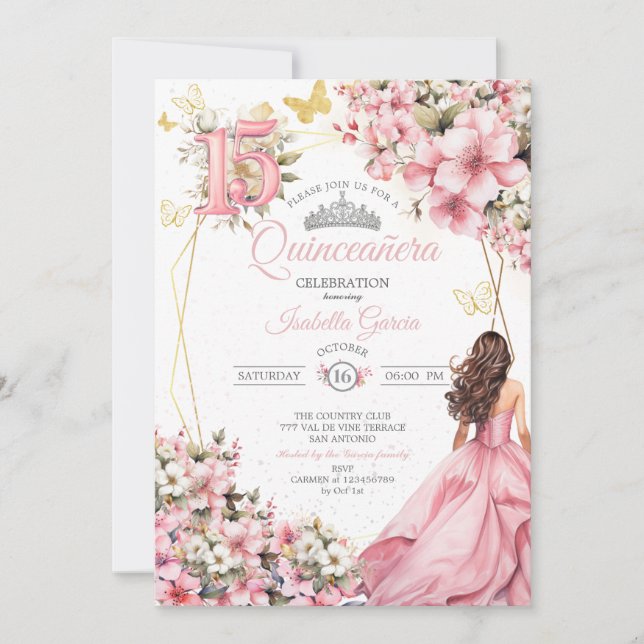 Invitation Blush Rose Fleurs Papillons Dorés Quinceañera (Devant)