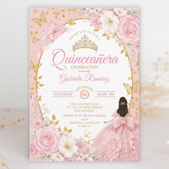 Invitation Blush Rose Fleurs Quinceañera Papillon Doré (Créateur téléchargé)