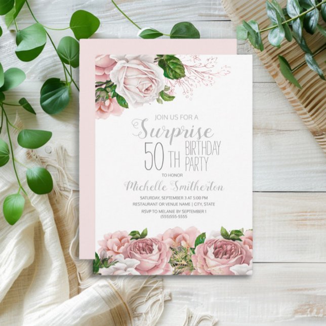 Invitation Blush Rose Fleurs Surprise 50e Anniversaire (Blush pink vintage floral surprise 50th birthday party invitation)