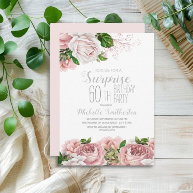 Invitation Blush Rose Fleurs Surprise 60e Anniversaire (Blush pink vintage floral surpirse 60th birthday party invitation
)