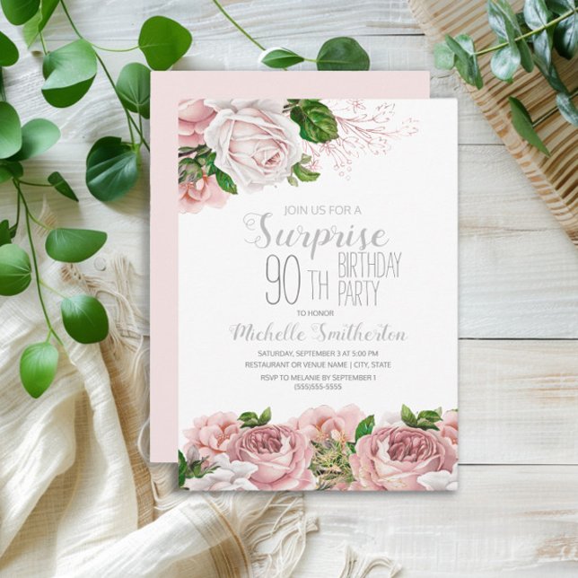 Invitation Blush Rose Fleurs Surprise 90e Anniversaire (Elegant blush pink vintage floral surprise 90th birthday party invitation)