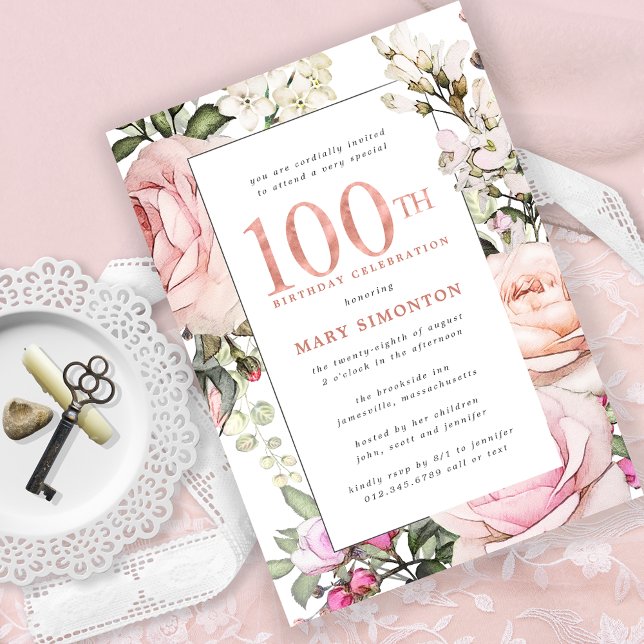Invitation Blush rose floral 100e fête d'anniversaire (Créateur téléchargé)