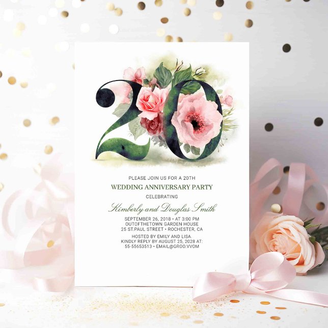 Invitation Blush Rose Floral 20e Anniversaire de Mariage (20th Wedding Anniversary Invitations)