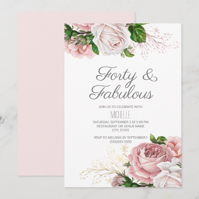 Invitation Blush Rose Floral 40 ans et Fabuleux Anniversaire (Devant / Derrière)
