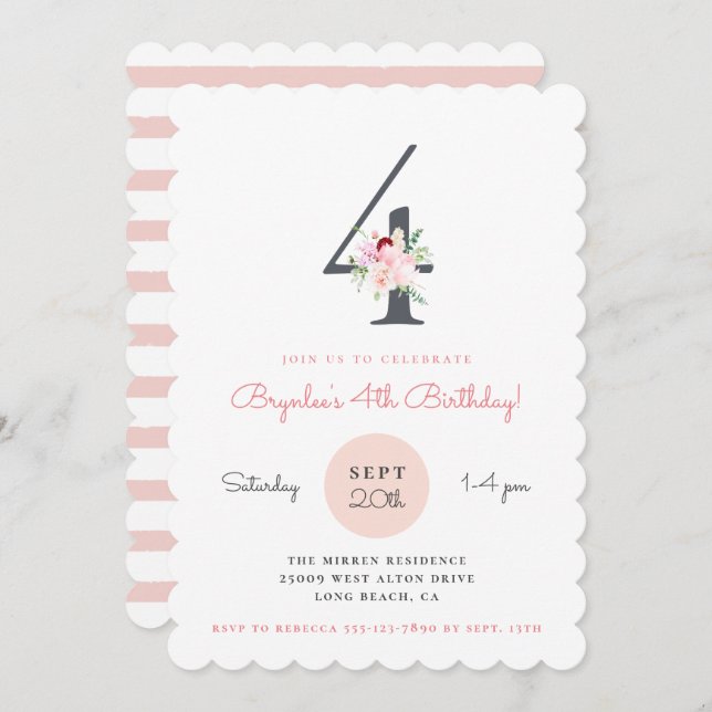 Invitation Blush rose Floral 4e fête d'anniversaire (Devant / Derrière)