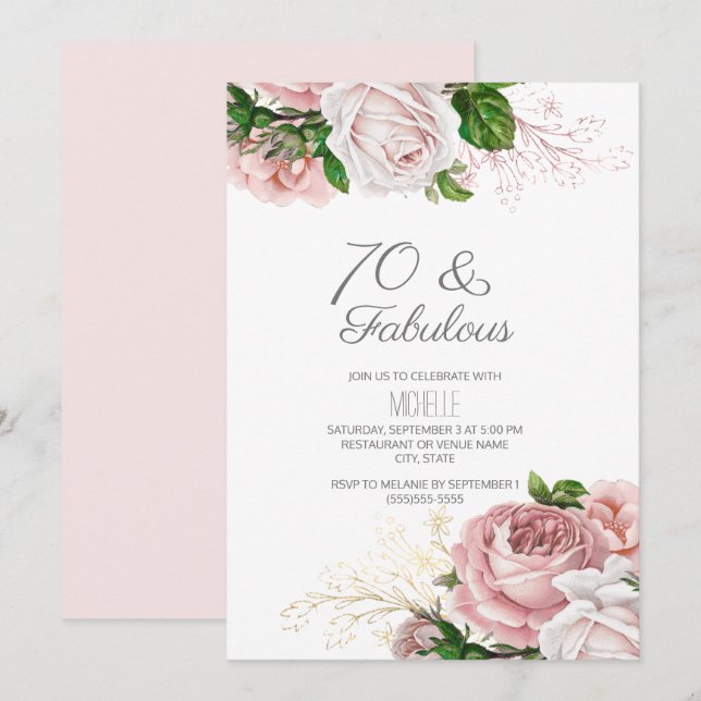 Invitation Blush Rose Floral 70 et Fabuleux Anniversaire (Devant / Derrière)