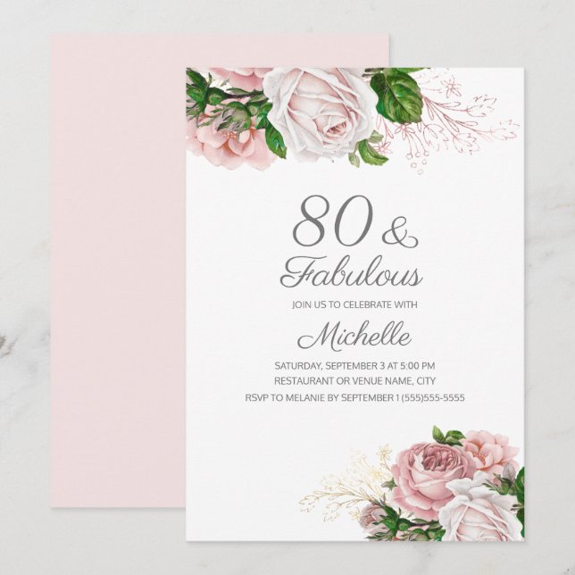 Invitation Blush Rose Floral 80 et Fabuleux Anniversaire (Devant / Derrière)