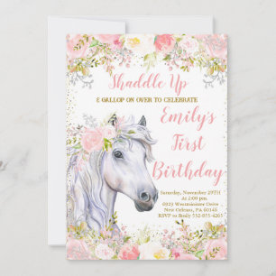 Invitation Blush rose Floral & Cheval Première fête d'anniver