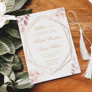 Invitation Blush rose Floral Feuille Gold Musulman Mariage