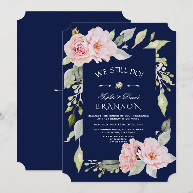 Invitation Blush rose Floral Fleuron Marine Nous Faisons Touj (Devant / Derrière)
