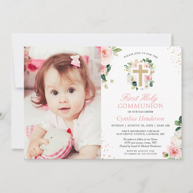 Invitation Blush rose Floral Girl First Holy Communion Photo (Devant)