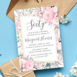 Invitation Blush Rose Floral Gold Frame 60e Soixante Annivers