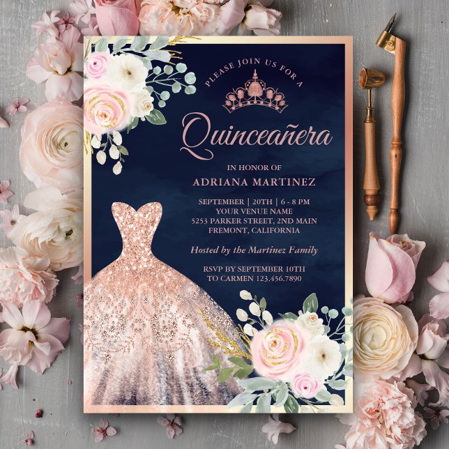 Invitation Blush rose Floral Gown Marine Rose Gold Quinceaner (Créateur téléchargé)