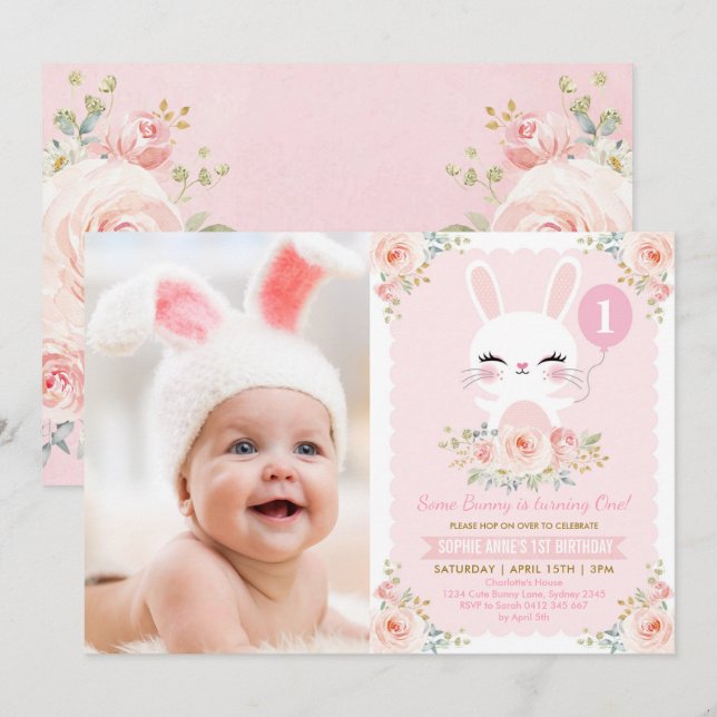 Invitation Blush Rose Floral Lapin Lapin 1er Anniversaire Fêt (Devant / Derrière)